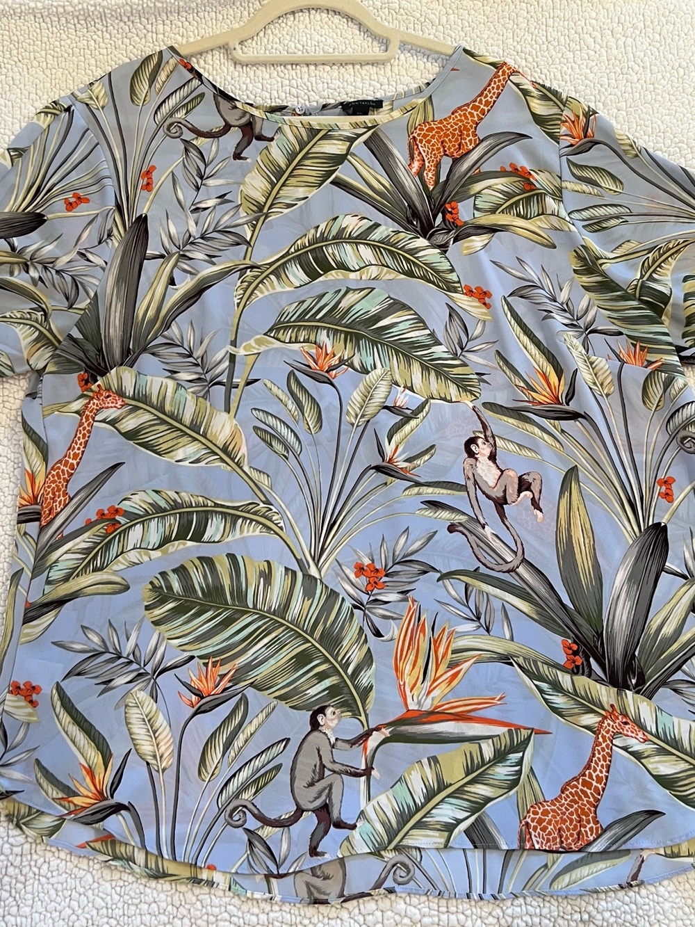 Ann Taylor Light Blue Tropical Short-Sleeve Blouse with Botanical & Animal Print